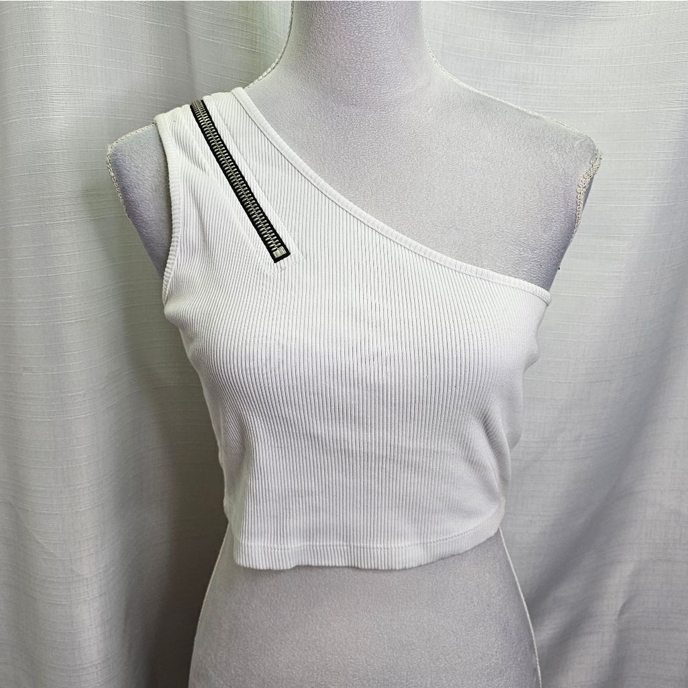 The Ragged Priest White Ribbed One Shoulder Cropped Top Size Small
